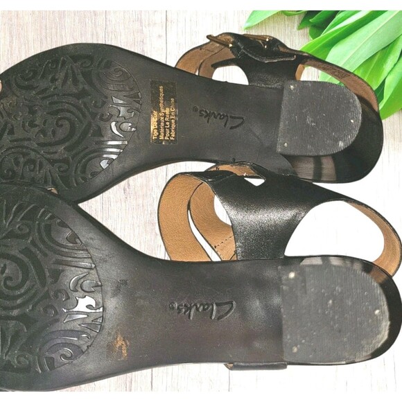 Clarks Artisan Block Heel Open Toe Double Buckle Strap Blk Leather Sandal 11M - Picture 12 of 13